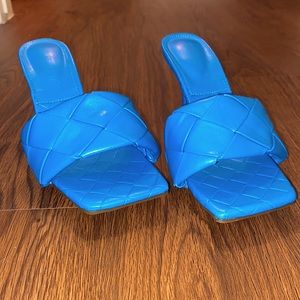 Blue basket pattern mule heels